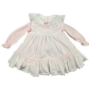 Vtg Bryan Baby Girl Pinafore Pink Lace Collar Long Sleeve Ruffle Vday Dress 24M